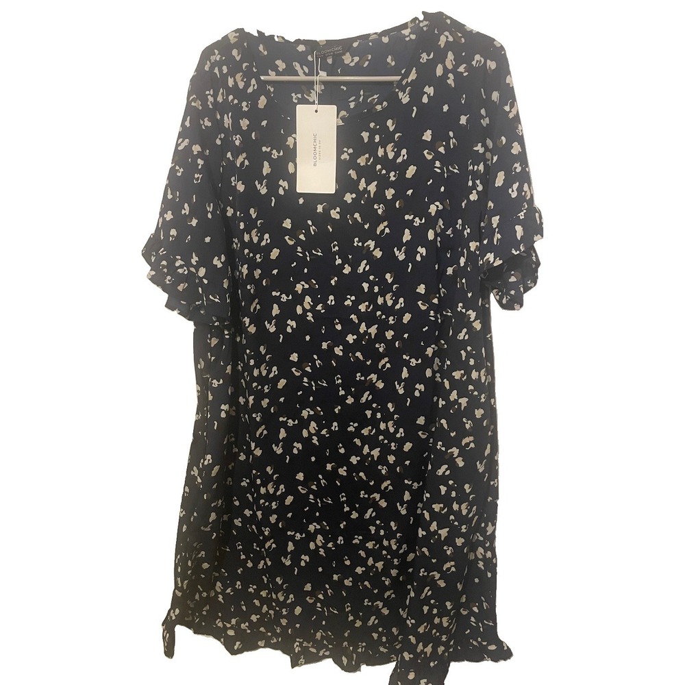 BloomChic Women's 14-16 Navy Abstract Print Ruffle Midi Dress Pockets NWT - Picture 2 of 10